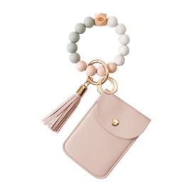 VIQWYIC Wristlet Bracelet Keychain with Wallet for Women, Silicone Beaded Keychain Bangle Car Key Rings (Pink)