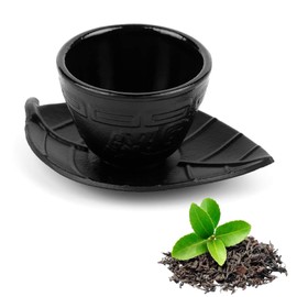 Tea Mugs, 2PCS Tea Cups Cast Iron Cup Black Leaf Teacup Saucer Japanese Cast Iron Tea Cup with Leaves Shape Saucers Chinese Style Tea Cups 6.76oz/200ml