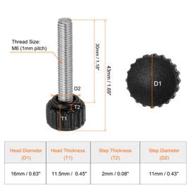 HARFINGTON 20pcs Knurled Clamping Knobs Thumb Screws M6 x 30mm Metric Male Thread 16mm Matte Plastic Head 304 Stainless Steel Stud Hand Threaded Knob Thumbscrew Handle, Black