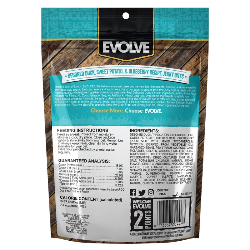 Evolve Grain Free Duck, Pea and Blueberry Jerky Bites Dog