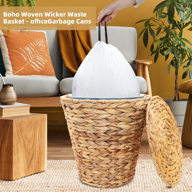 Oranwell 3 Gallons Wicker Waste Basket Can with Lid &