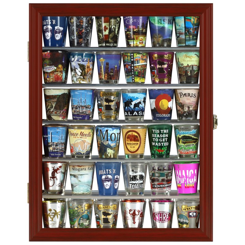Souvenir Shot Glass Display Case Shadow Box Wall Mounted Cabinet