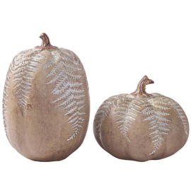 DN DECONATION 2-Pack Fall Pumpkin Decorations for Home, Faux Pumpkins for Decorating, Rustic Brown Resin Pumpkins Decor with Carved Leaves – Thanksgiving Table Centerpiece, Modern Farmhouse Fall Decor