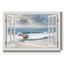 Renditions Gallery Canvas Nature Art Scenic Fake Window View Prints White Sandy Beach Ocean Artwork Pictures for Bedroom Dining Living Room Office Home Kitchen Wall Decorations - 24"X36" LT01