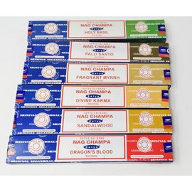 Satya Nag Champa Combo Incense Sticks Mix Deal - Sandalwood, Palo Santo, Dragons Blood, Divine Karma, Mirra, Holy Basil with JR Incense Holder SNC1