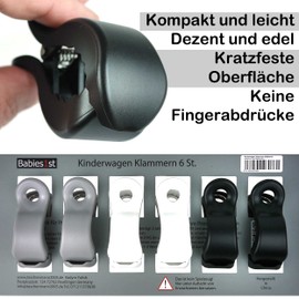 6 x Babies1st Pushchair Clip Clip for Attaching Toys, Cover, Sun Protection to Pram, Buggy, Baby Seat, 2 White, 2 Grey, 2 Black