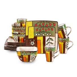 HomeVss, Stoneware Artisan Hand Painted Spring Garden, 16pc Reactive Glaze Dinnerware Set