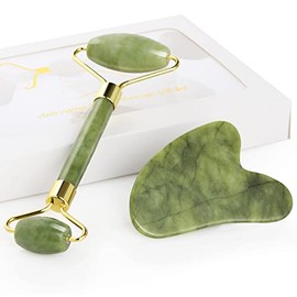 GeeRic Rodillo de Jade y Gua Sha,Herramienta de Masaje para Raspar,Cuarzo Antienvejecimiento,Conjunto de Piedra de Jade Facial Natural,Rodillo de Bell