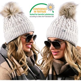 Alur Women's Beanie Winter Hat Knitted Hat with Bobble - Warm Elastic Elegant Winter Hat Eko Bobble Hat - Soft Yarn Stylish Universal Warm, beige