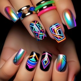 Spring Summer Press on Nails Medium Coffin Fake Nails with Laser Stripe Design Glossy Full Cover Acrylic False Nails Cute Stick on Nails Reusable Artificial Glue on Nails Kit for Women Girls 24Pcs