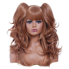 Rugelyss Long Wavy Light Brown Pigtail Wigs for Women with 2 Claw Ponytails Synthetic Hair Wig with bang fits for Cosplay or Cotume Party