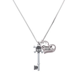 Delight Jewelry Silvertone Antiqued Beaded Skull Key Class of 2026 Heart Necklace, 17.5+2"