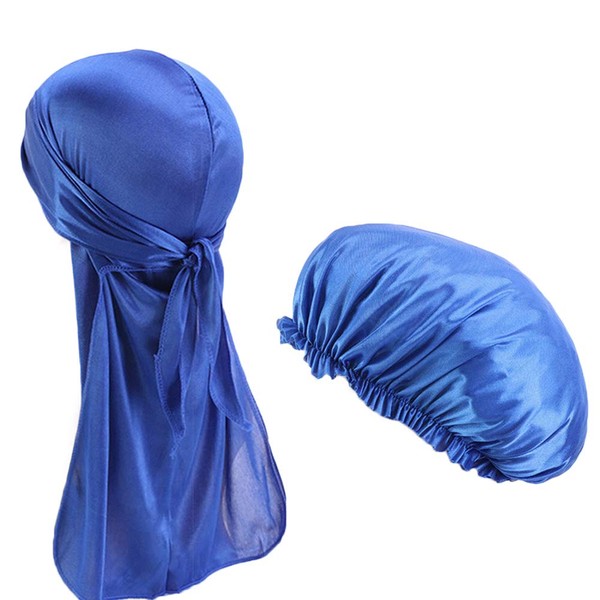 2pcs/set Durag and Bonnet Long Tail Satin Doo Rags Elastic Sleep Cap Solid Color, blue