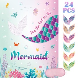 WERNNSAI Pin the Tail on the Mermaid Party Game - Mermaid Birthday Party Decoration 24 Pcs Reusable Tails Sticker Mermaid Party Supplies for Kids Girls Mermaid Party Favor 71 x 53 cm