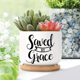 DecStic Saved by Grace Planter Ceramic Bible Verse Round Plant Pots with Drainage Holes and Bamboo Tray Pot for Home Office Decoration