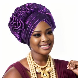 Nigerian headwear African headscarf,Auto Gele headband,hand wrap beaded - made for weddings parties events (Purple)