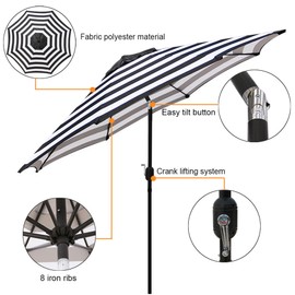 Blissun 9' Outdoor Patio Umbrella, Striped Patio Umbrella, Outdoor Table Umbrella, Market Umbrella with 8 Sturdy Ribs, Push Button Tilt and Crank (Black & White Stripe)