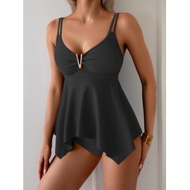 Aidonger Tankini Swimsuits for Women Tummy Control Two Piece Bathing Suit V Wire Neck Flowy Swimwear Top with Bottom Black