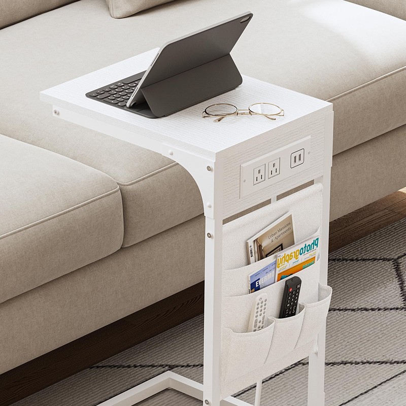 TUTOTAK C Shaped End Table with Charging Station, Side Table