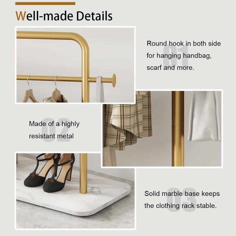 KaKaBB Gold Clothing Rack with Marble Base, Heavy-duty Garment Rack,
