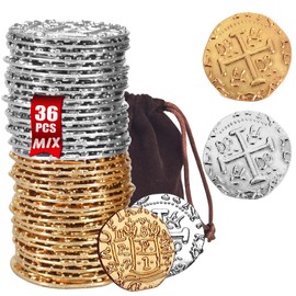 Large Metal Pirate Coins –Gold Treasure Coin Set, Metal Replica Spanish Doubloons for Board Games, Tokens, Toys, Cosplay – Realistic Money Imitation for Treasure Chest (Gold and Silver 36 PCS)