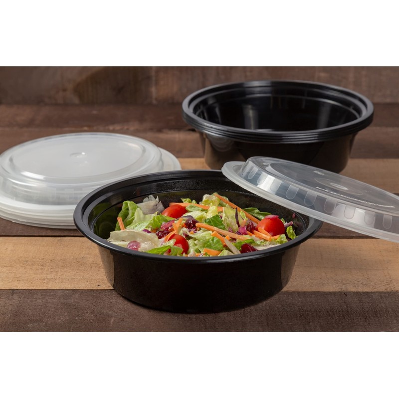 AmerCare 7 Inch Round Black Plastic Containers with Lids, 24