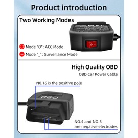 YANBORONSN OBD Power Cable for Dash Camera, OBD2 to Type C Adapter Hardwire Charger Cable with Switch Button 24 Hours Surveillance and Acc 2 Mode 12-24 V to 5V/3A 11.5FT(STCR)