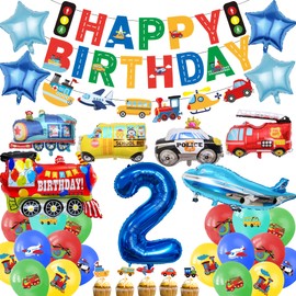 Car 2nd Birthday Decorations Boy - 31 Pcs Transportation Party Decoration Including Happy Birthday Train Plane Fire Truck Foil Balloons for 2 Year Old Racing Cars Party Supplies