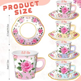 Umigy 36 Sets Tea Party Decorations Floral Paper Tea Cups with Handle and Plates Disposable Blossom Teacups Saucers Sets with Tape for Hot Cold Drink Birthday(Gradient Blue Pink Yellow Purple,6.5 oz)
