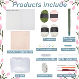 ORIGACH 10 Set Crochet Kit for Beginner Adults, Crochet Cute Rabbit Flower Bouquet Starter Crochet Kit with Step by Step Video Tutorial, Instruction, Yarn, Hook, Accessories