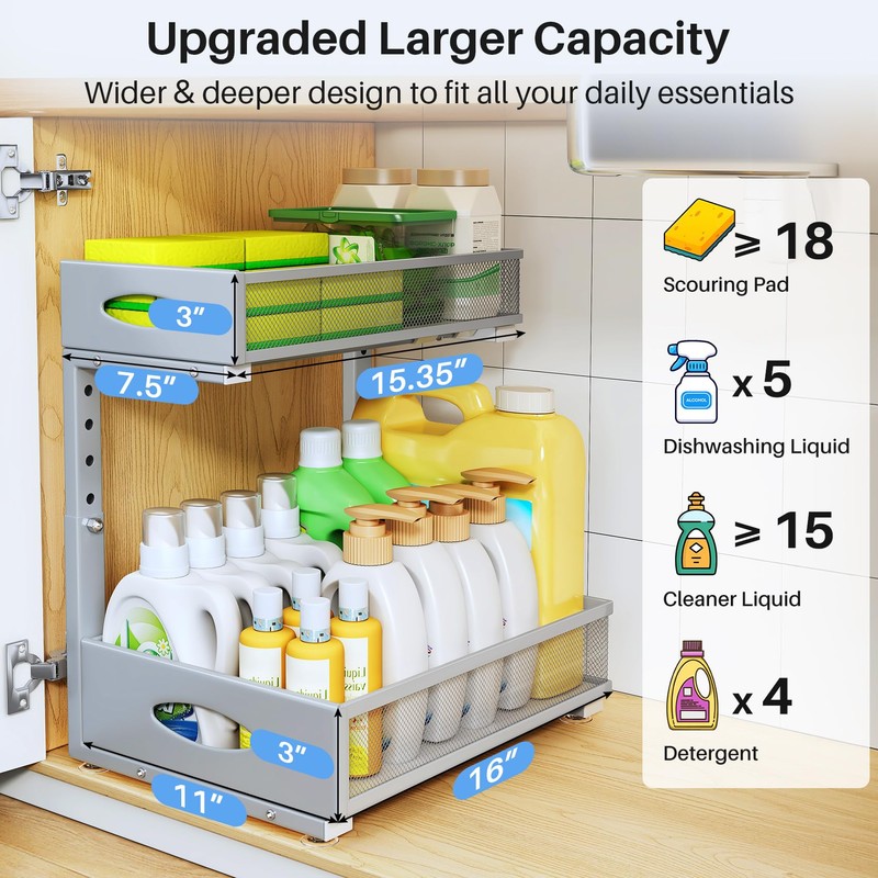 Under Sink Organizer, 2 Tier Pull Out Under Cabinet Organizer