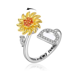 VYYU Fidget Ring with Beautiful Sunflower & Initial Letter ABC to XYZ - You are My Sunshine Anxiety Relief Stress Open Rings | Reliever Spinner Stress Relief Sunflower Gifts for Women Wife Daughter, D