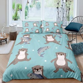 Kids Bedding Set for Girls Boys Children Cute Otter Comforter Cover Cartoon Wild Animal Fish Duvet Cover Lovely Wildlife Style Room Decor Bedspread Cover Full Size Bedding Collection 3Pcs