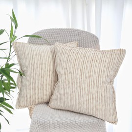 OYIMUA Chenille Cushion Cover 40 x 40 cm Beige Set of 2 Square Sofa Cushion Covers Soft Modern Decorative Cushion Covers with Edge Jacquard Stripes Home Accessories