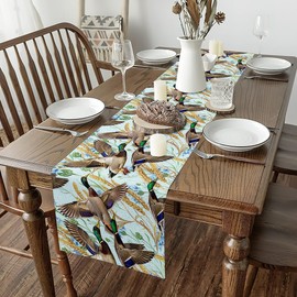 jejeloiu Cute Mallard Duck Table Runner 48x13 Inch Wild Duck Hunting Decoration Party Supply Hunting Fishing Fall Lodge Cabin Farmhouse Kitchen Dining Decor Botanic Blue Home Decor for Living Room