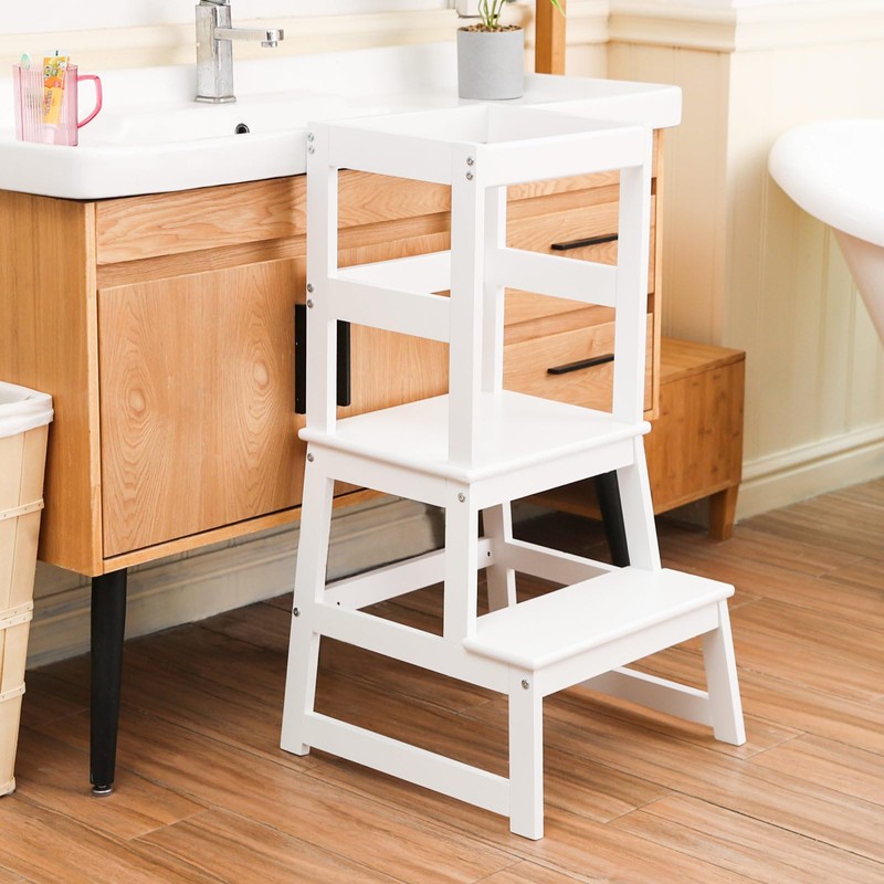 Kitchen Step Stool for Kids with Safety Rail,Solid Wood Construction