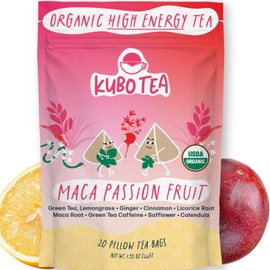 High Caffeine Tea (140 mg) - Kubo Tea: Organic Maca Passion Fruit Green Tea Bags for Clean Energy & Focus | Healthy Coffee Substitute | Maca Root Blend | 20 Ct | Compostable Packaging