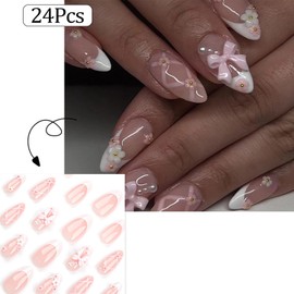 RUPOFUZA Press on Nails Almond Fake Nails White French Tip Nails Press ons Pink Full Cover Glue on Nails wite Bowknot & Flowers Acrylic Nails Floral False Nails for Women 24 Pcs