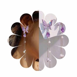 Aneneiceera Vintage Purple Crystal Butterfly Stud Earrings Long Pearl Tassel Chain Earrings Silver Butterfly Pearl Dangle Earrings Purple Acrylic Butterfly Jewellery for Women and Girls