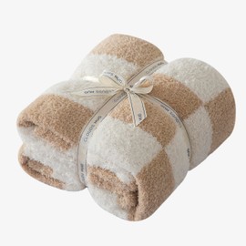 CLOUDS HUG Checkered Throw Blanket for Couch - Super Soft Knit Bed Blanket， Fluffy Fuzzy Plush Lightweight Cozy Blankets for Sofa ，Light Brown，50" x 60"