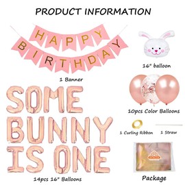 Geloar Some Bunny Is One First Birthday Party Supplies, Some Bunny is One Balloons Happy Birthday Banner for Spring Easter Rabbit Themed Baby Girls 1st Bday Baby Shower Decorations Set of 28 PCS