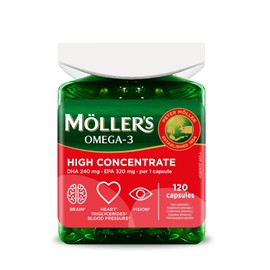 Moller's High Concentrate Omega-3 Premium Fish Oil High Dose up to 3360 mg EPA + DHA per Daily Dose in Triglyceride Form for Brain, Vision, Heart, Blood Pressure 120 Soft Capsules