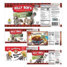 Pack of 5, Funny Redneck Hillbilly Gag Joke Prank Soup Can Labels, Xmas Stocking Stuffers, Birthday, Party Favor Gifts, Assorted, includes Squirrel Soup, Raccoon Chili, Opossum Stew, Redneck Dinner Soup and Wet Fart Chili