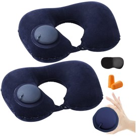 HINATAA Inflatable Travel Pillow, 2 Pieces Neck Pillow, Inflatable Neck Pillow, Aeroplane, Car U Shape Pillow, Office Neck Support Pillow with Pressing Inflation Pump/Bag/Eye Mask/Ear Plugs (Blue)