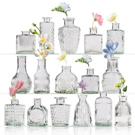 Yabool 16 Pcs Flower Glass Bud Vases, Loose Transparent Flower Bud Vases, Mini Glass Vases, Small Vases, Family Wedding Table Decorations