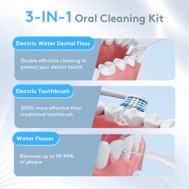 Electric Flosser for Teeth | 3-in-1 Water Dental Floss & Toothbrush & Water Flosser with 4 Modes，Cordless Power Flossers with 50 Replacement Heads for Adults (White)