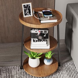 Xankzi Round End Table with Charging Station, 3-Tier Accent Side Table for Living Room Bedroom Couch Small Side Table Small Coffee Table for Small Spaces (Rustic Brown-Charging Station)