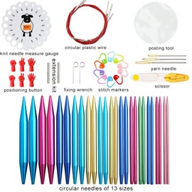 LOOEN 57pcs Aluminum Circular Knitting Needles Set with Ergonomic Handles,13 Size Interchangeable Crochet Needles with Storage Case for Small Project (Style 1)