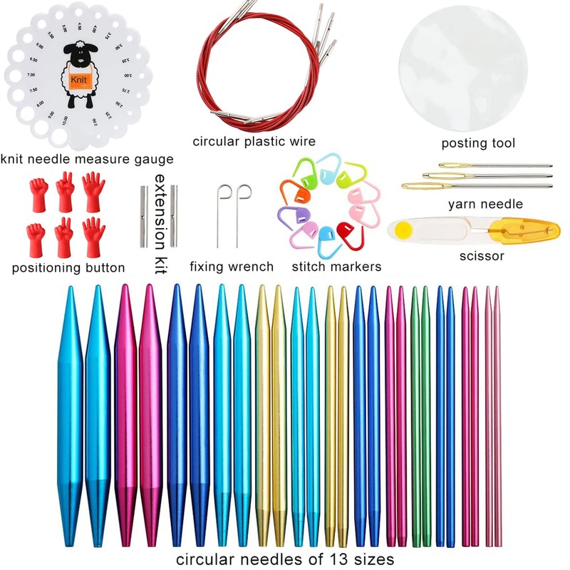LOOEN 57pcs Aluminum Circular Knitting Needles Set with Ergonomic Handles,13