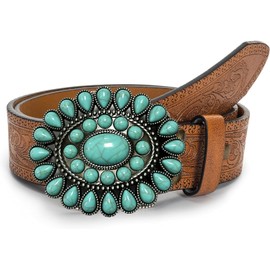 FGSS Western Cowboy-Cowgirl-Leather Belts - Women-Men Turquoise Engraved-Waist Belts With Buckles for 71CM-99CM Waist (Brown, for 71CM-99CM Waist)